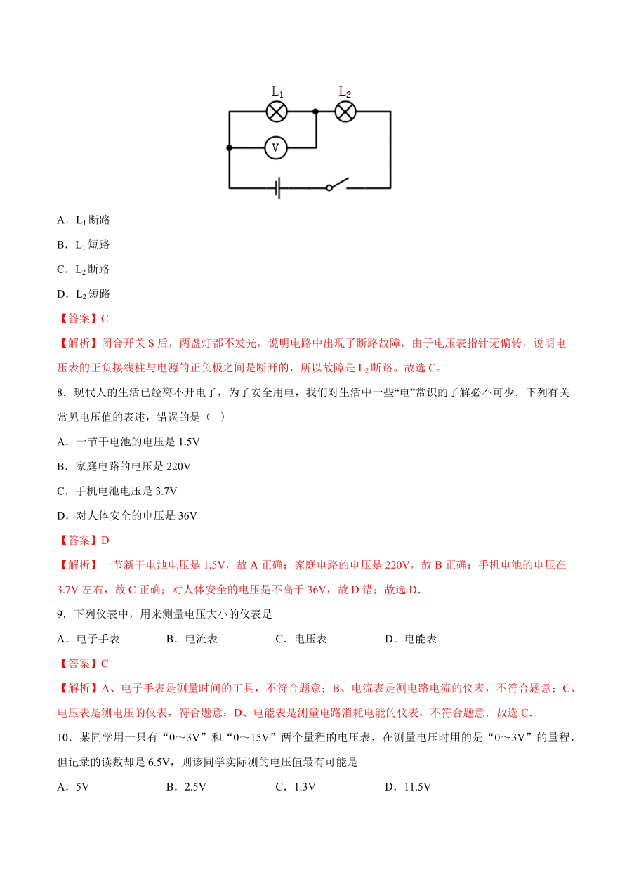 2020-2021初三物理第十六章 第1节 电压（重点练）