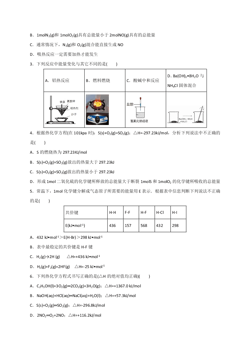 2020年高二暑假作业化学专题01 化学反应中的热效应