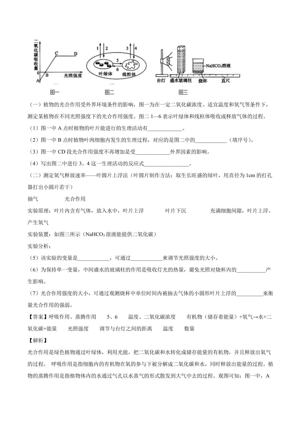 2020-2021学年中考生物真题汇编及答案：绿色植物的蒸腾作用、光合作用和呼吸作用