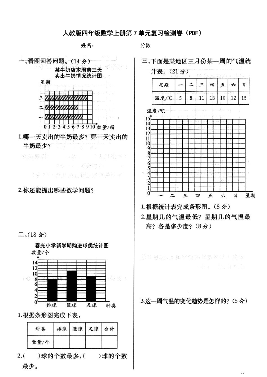 人教版四年级数学上册第7单元复习检测卷（PDF）