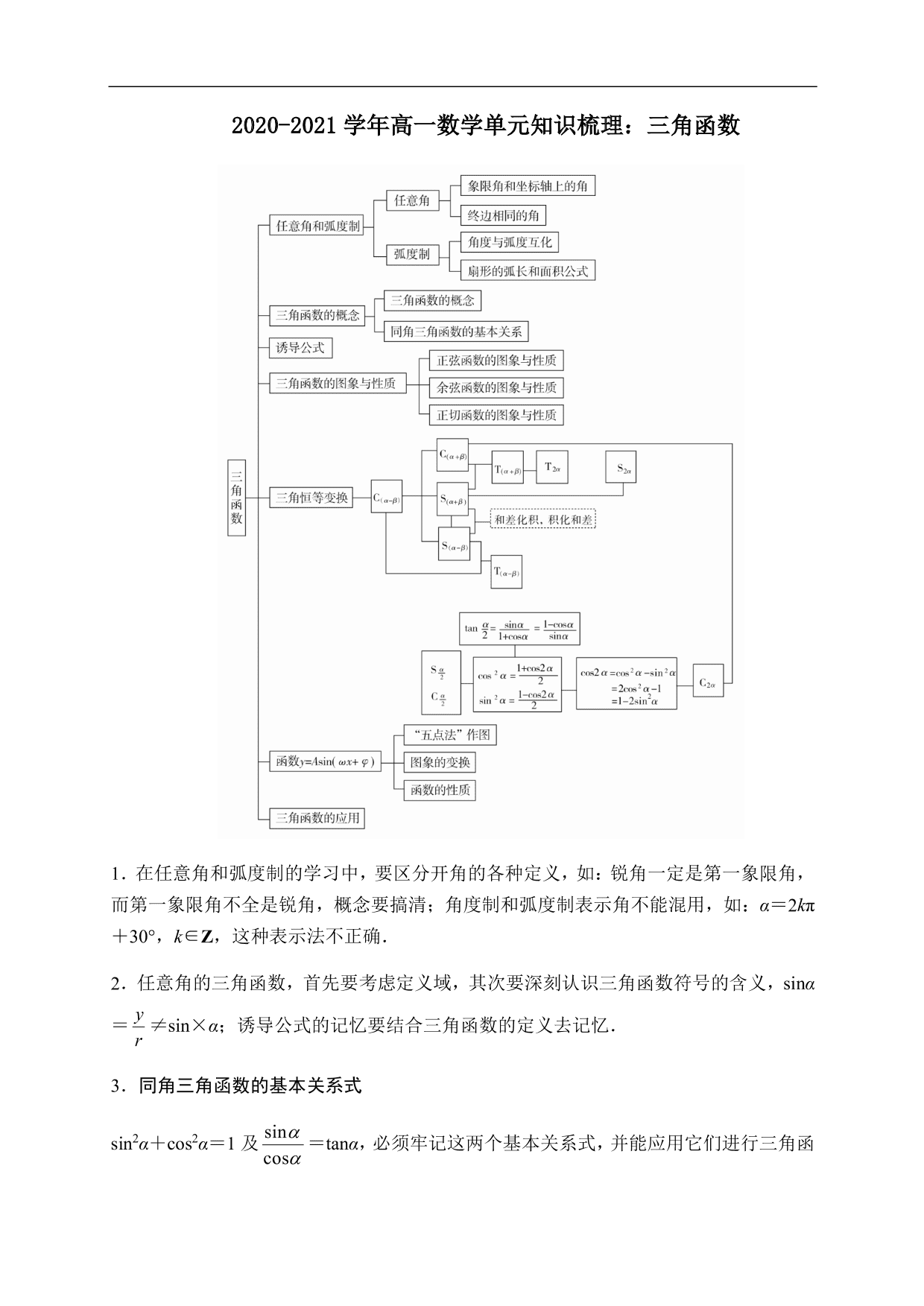 2020-2021学年高一数学单元知识梳理：三角函数