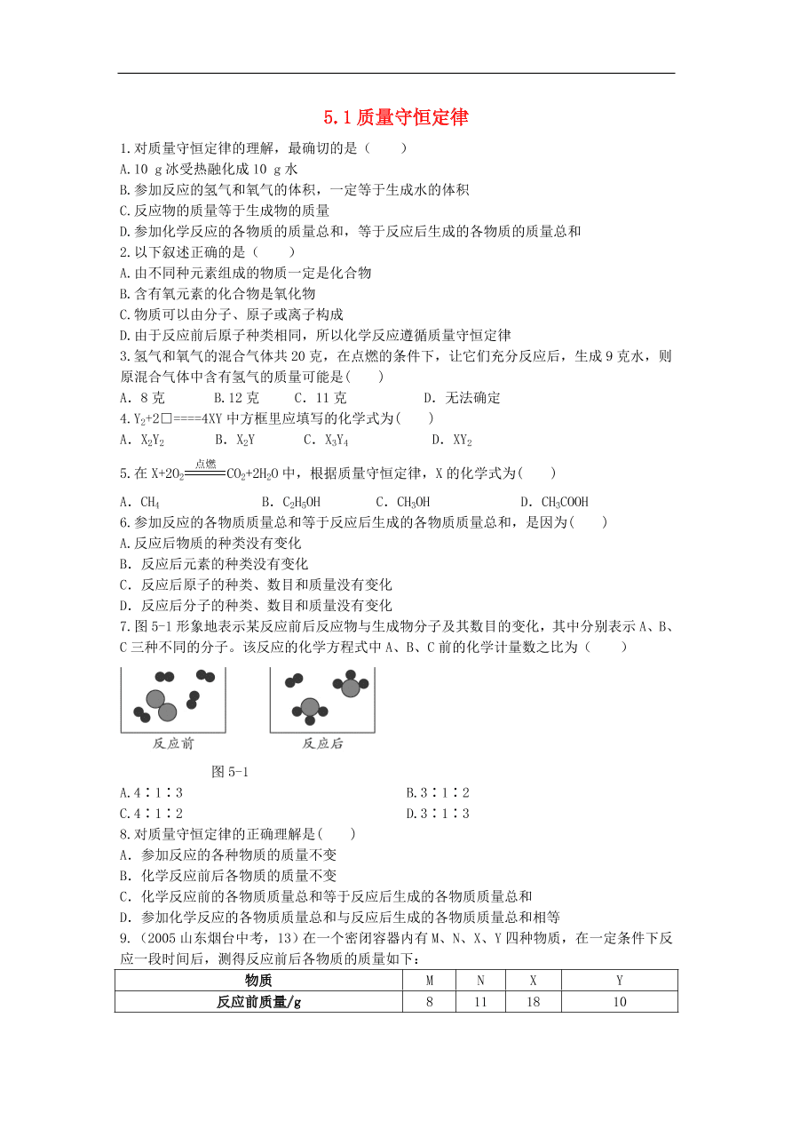 新人教版 九年级化学上册 第五单元化学方程式5.1质量守恒定律 专题复习