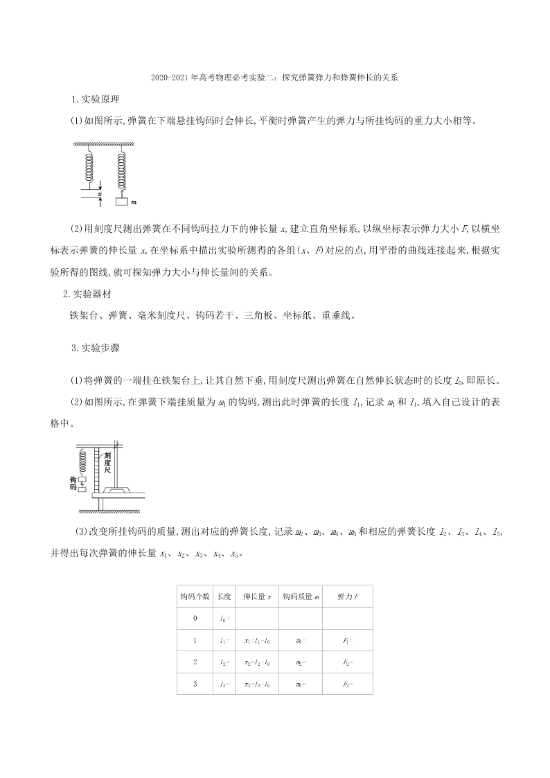 2020-2021年高考物理必考实验二：探究弹簧弹力和弹簧伸长的关系