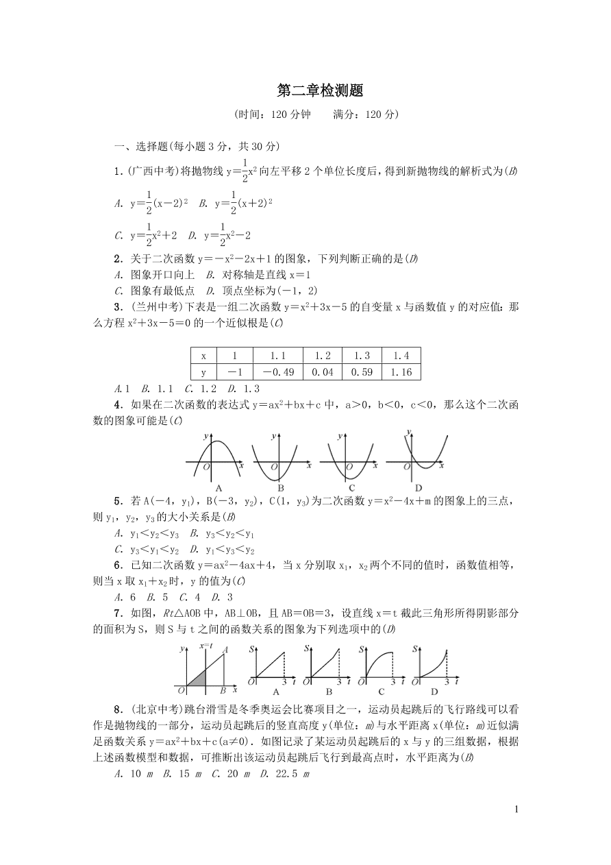 北师大版九年级数学下册第二章二次函数检测题（附答案）