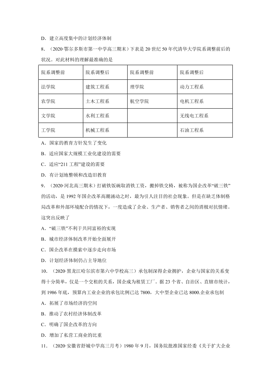 2020-2021学年高三历史一轮复习易错题10 中国特色社会主义建设的道路