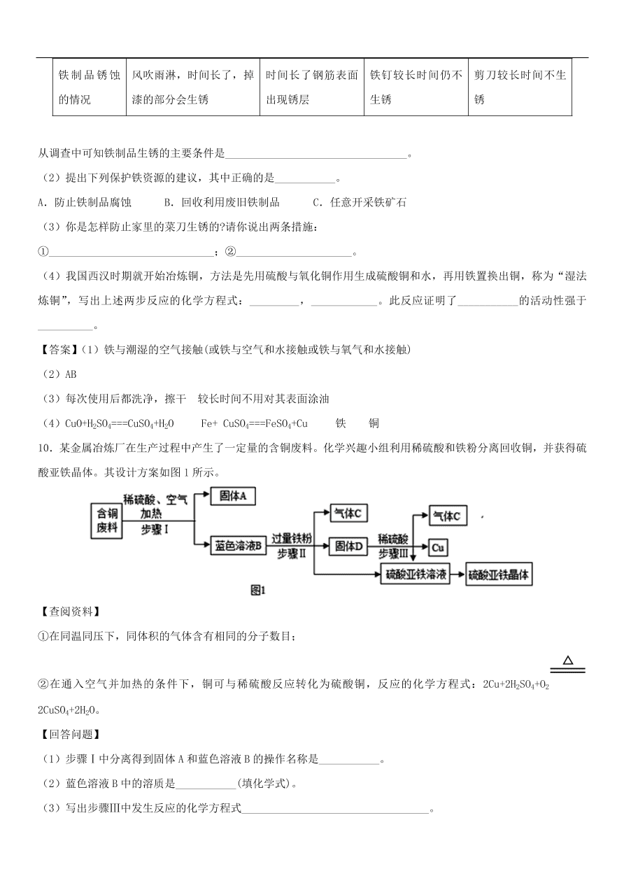 中考化学重要考点复习  金属的锈蚀与防护练习卷