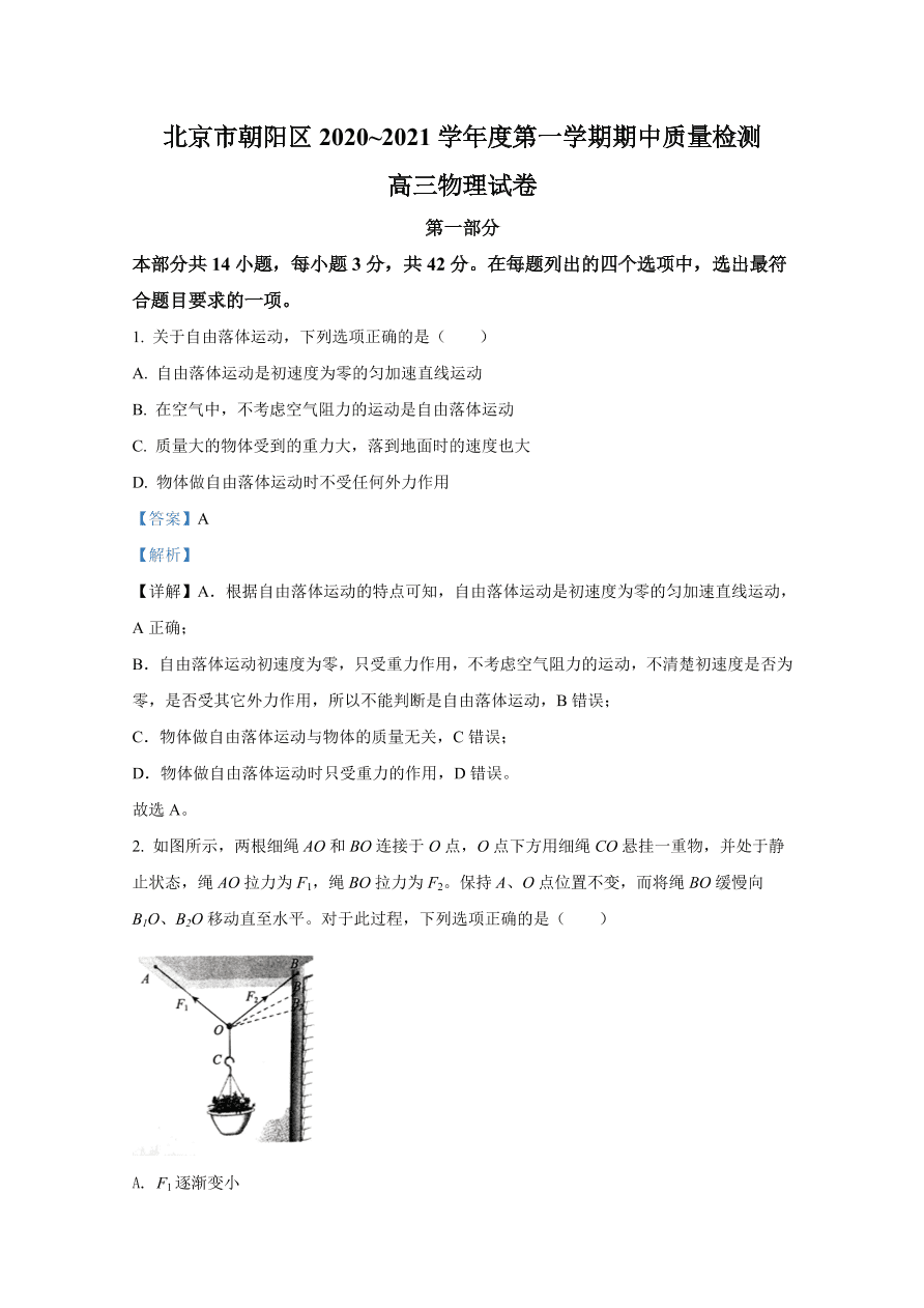 北京市朝阳区2021届高三物理上学期期中试题（Word版附解析）