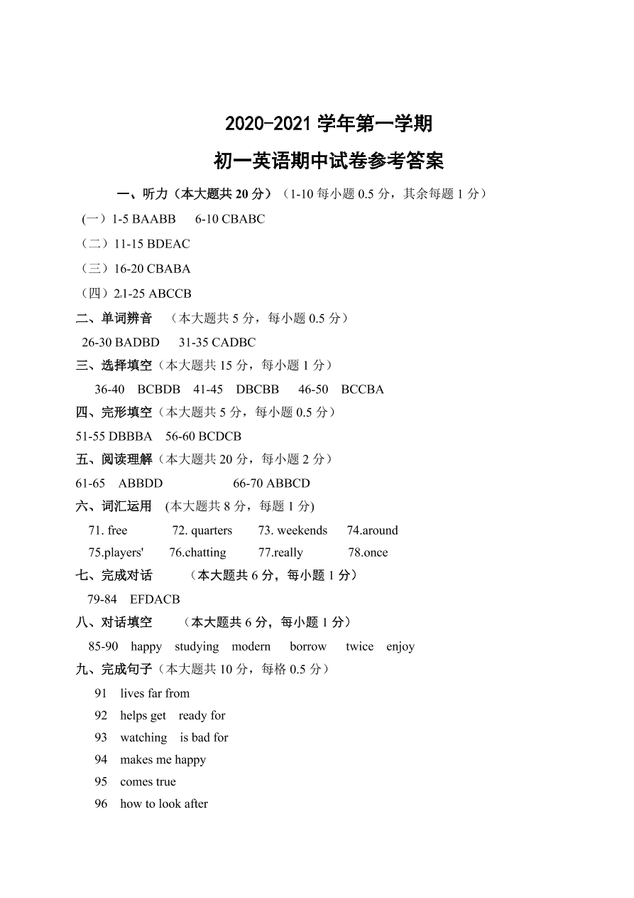 江苏省江阴市华士片2020-2021学年七年级上学期英语期中试题