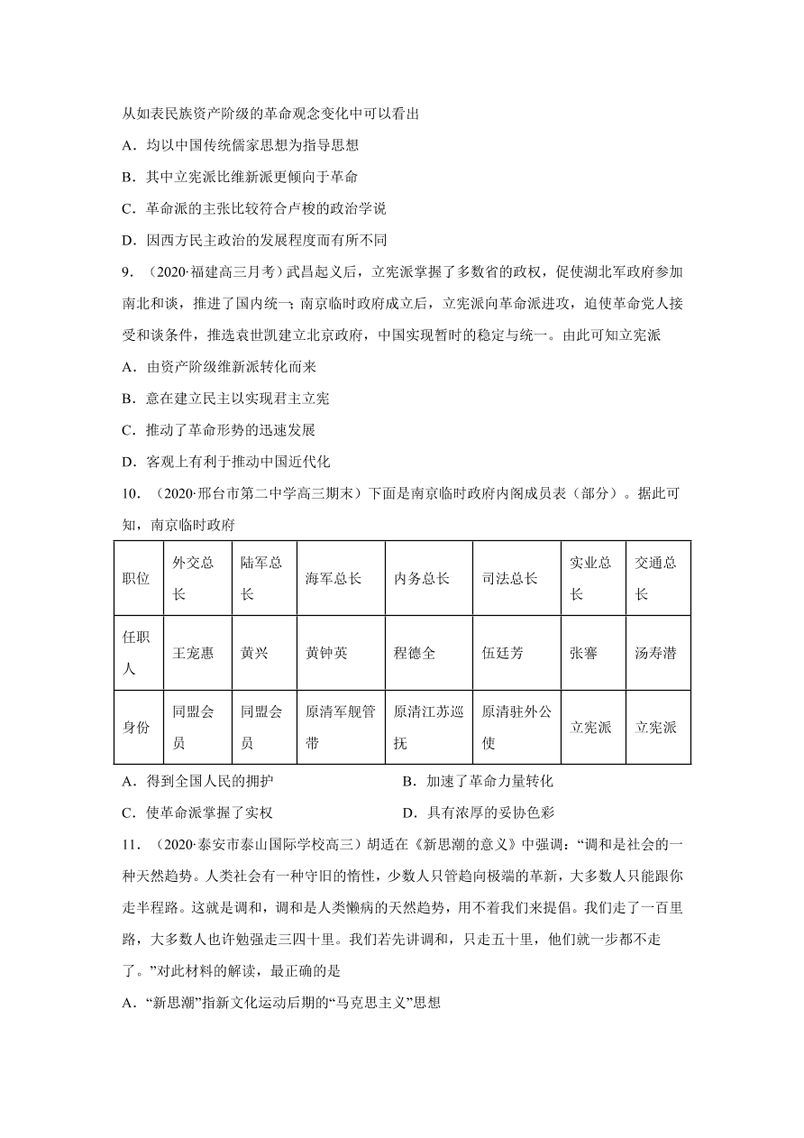 2020-2021学年高三历史一轮复习易错题13 近现代中国思想