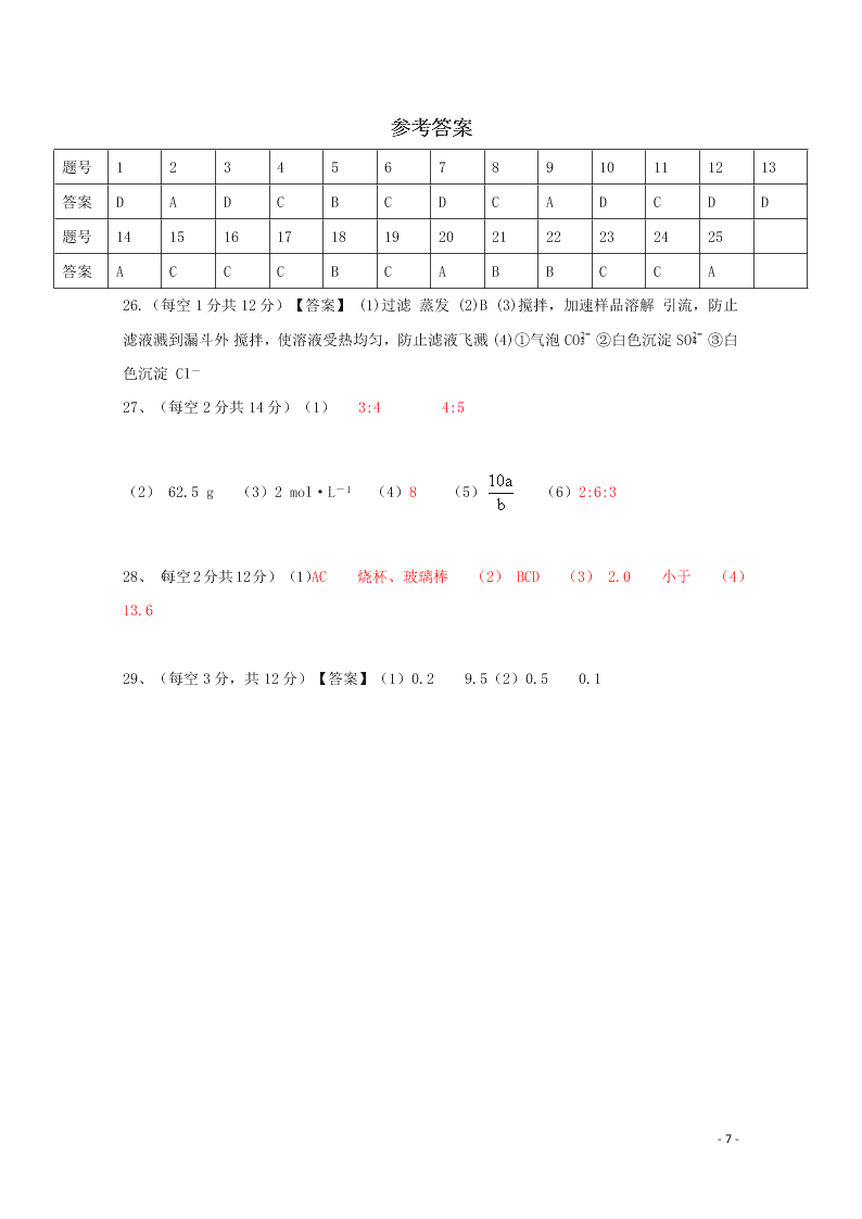 黑龙江省哈尔滨师范大学青冈实验中学校2020学年高一化学10月月考试题（含答案）