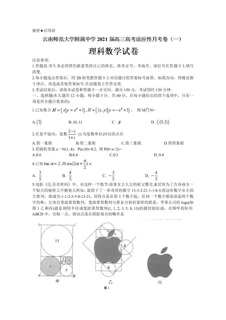 云南师范大学附属中学2021届高三数学（理）高考适应性月考试卷（一）（Word版附答案）