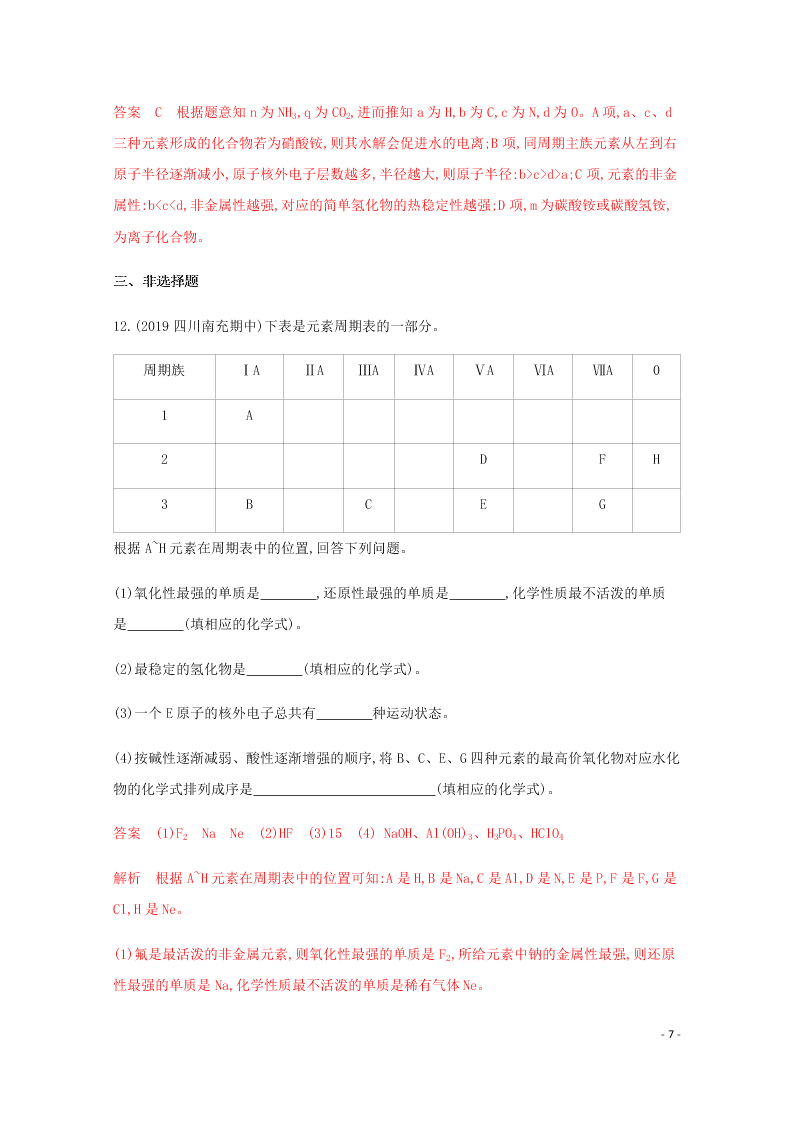 2020高考化学二轮复习专题四原子结构元素周期律表练习含解析