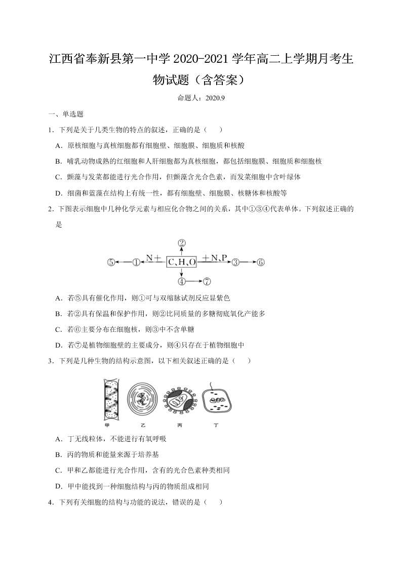 江西省奉新县第一中学2020-2021学年高二上学期月考生物试题（含答案）