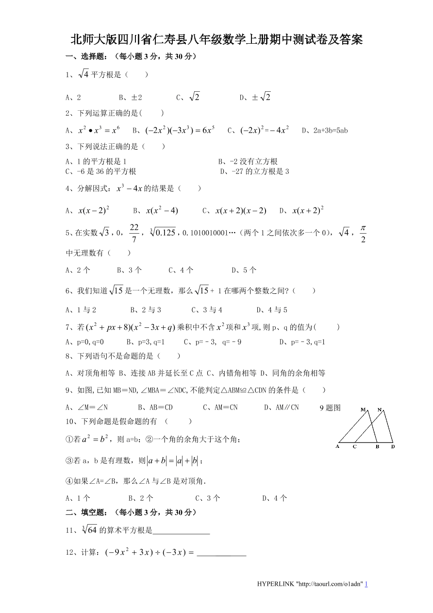 北师大版四川省仁寿县八年级数学上册期中测试卷及答案