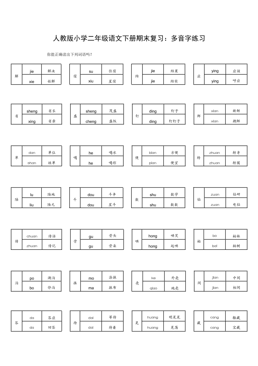 人教版小学二年级语文下册期末复习：多音字练习