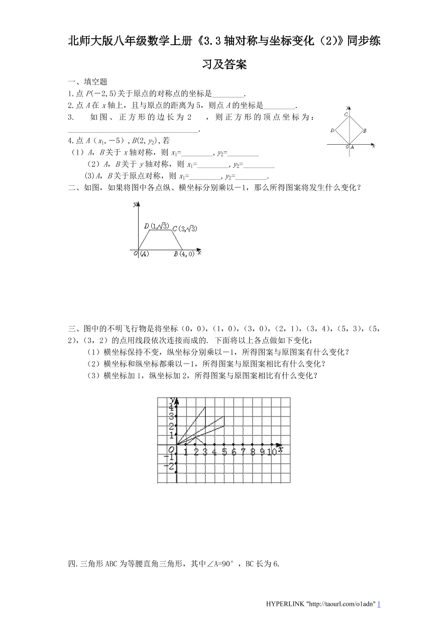 北师大版八年级数学上册《3.3轴对称与坐标变化（2）》同步练习及答案