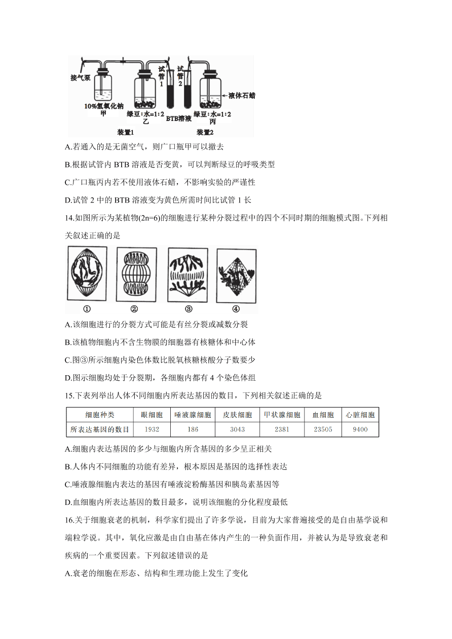 皖赣联考2021届高三生物上学期第三次考试试题（附答案Word版）